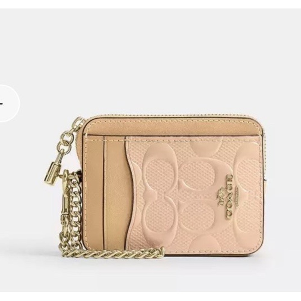 New Coach Zip Card Case CFI29 Faded Blush Orange Signature Leather w/Charm
